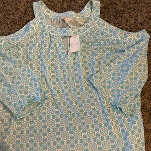 Cato Light Blue Patterned Cold Shoulder Blouse